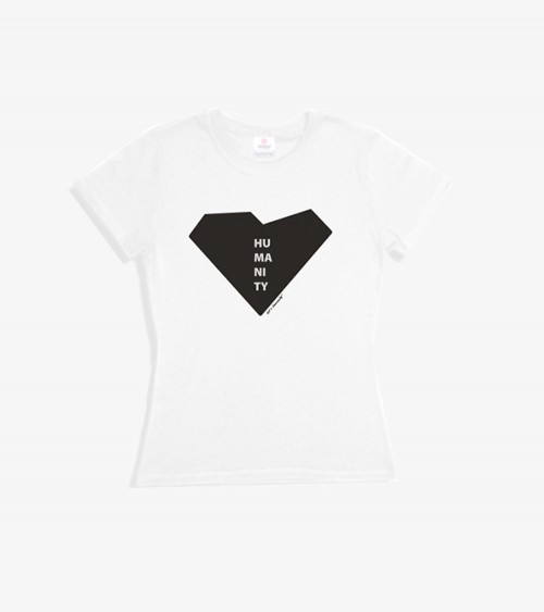 Pic of a women white t-shirt with a black heart and a text